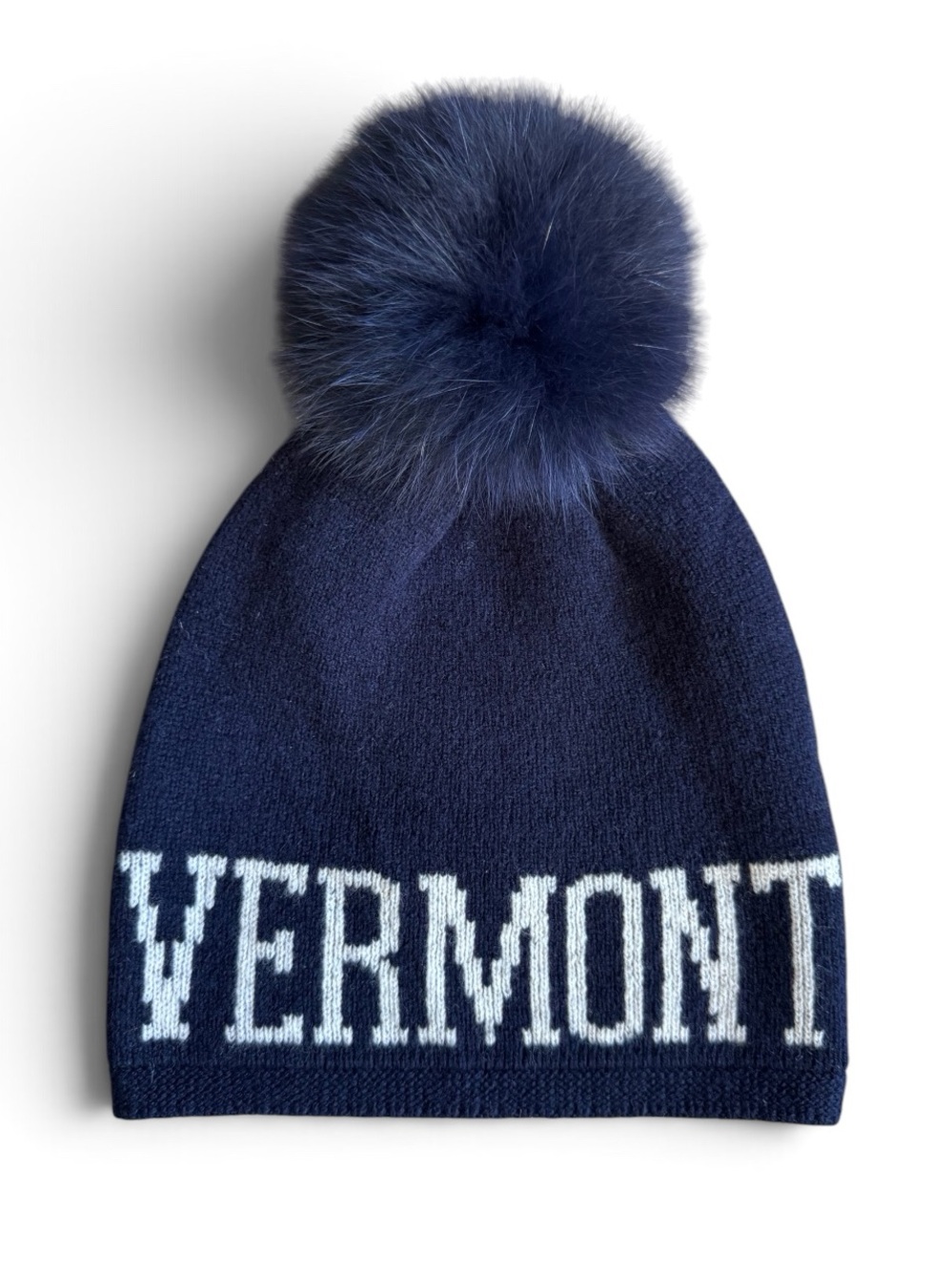 Alashan Cashmere Vermont Merino Wool Fur Pom Beanie Navy White O/S